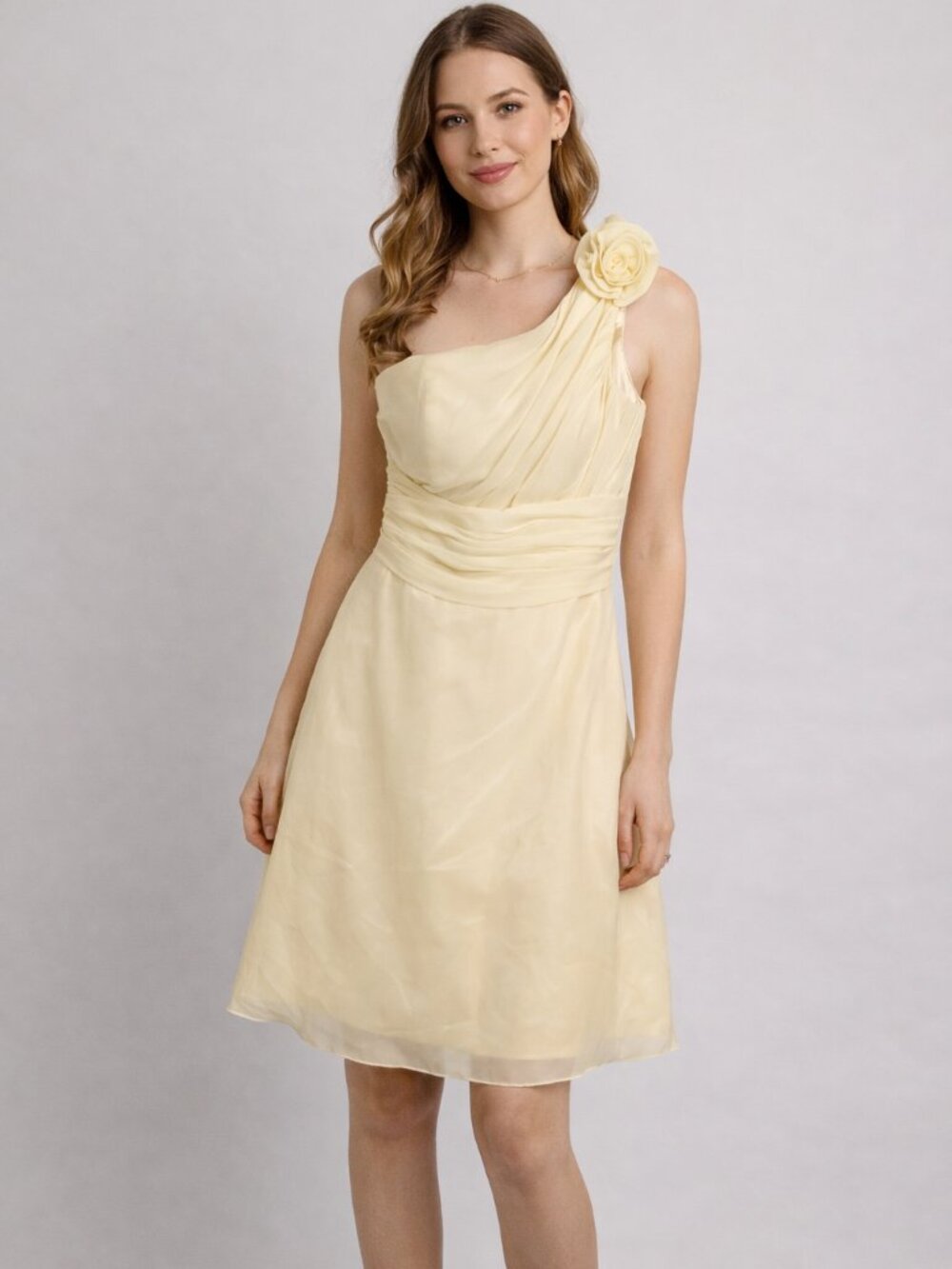 JJ’s House Yellow One-Shoulder Chiffon Dress Rosette Detail